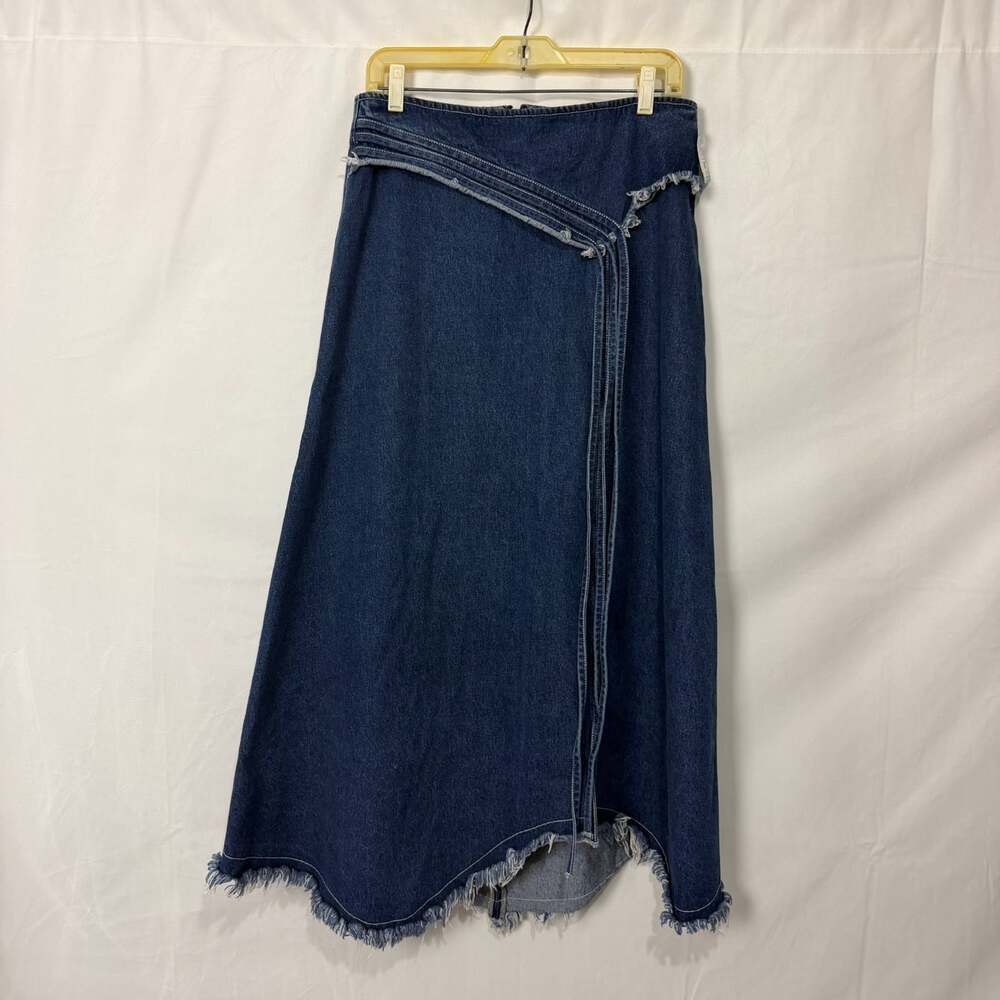 Lioness Denim Wrap Maxi Skirt Size XS Dark Wash Asymmetric Raw Frayed Hem